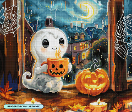 Diamond Painting Pumpkin Cuppa 26" x 22" (66cm x 55.6cm) / Round with 57 Colors including 1 AB and 5 Fairy Dust Diamonds / 48,480