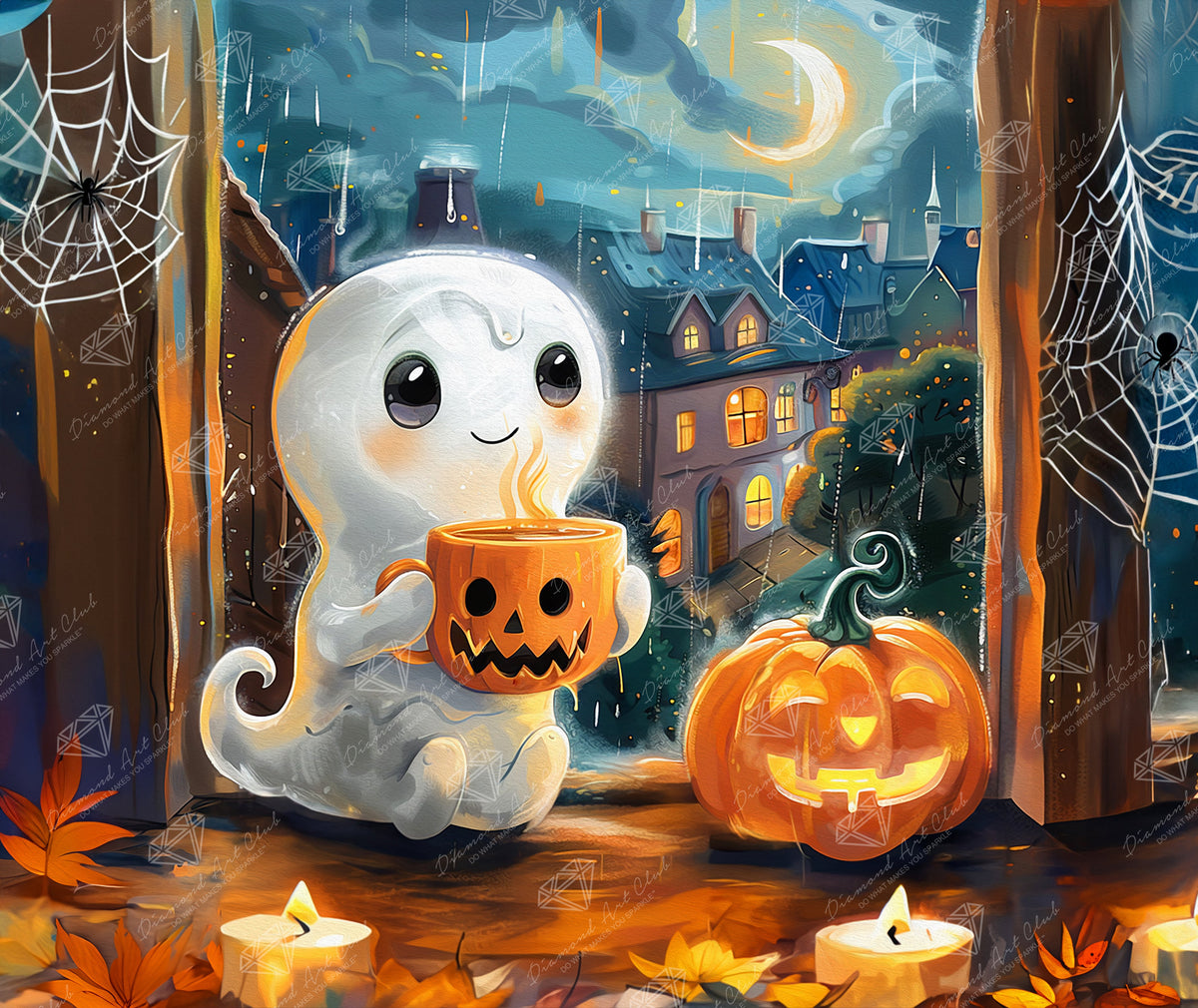 Diamond Painting Pumpkin Cuppa 26" x 22" (66cm x 55.6cm) / Round with 57 Colors including 1 AB and 5 Fairy Dust Diamonds / 48,480