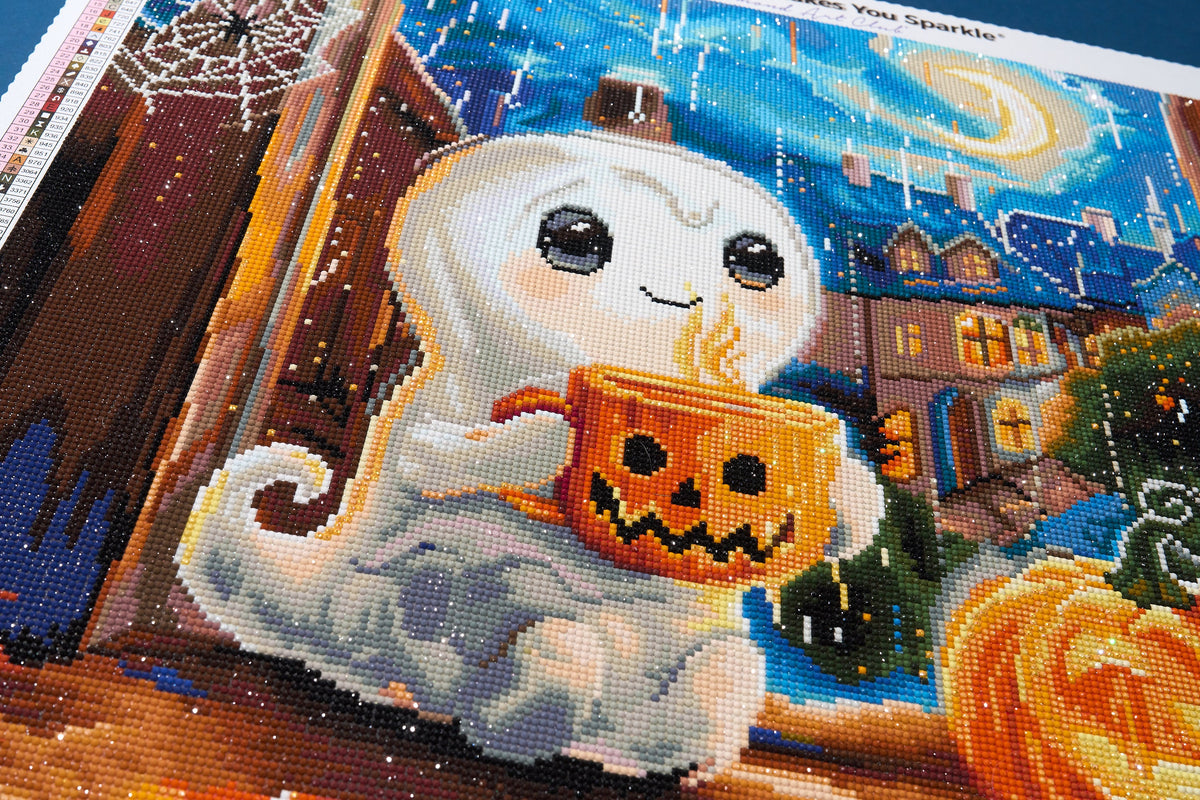 Diamond Painting Pumpkin Cuppa 26" x 22" (66cm x 55.6cm) / Round with 57 Colors including 1 AB and 5 Fairy Dust Diamonds / 48,480
