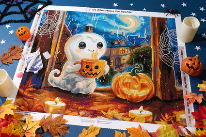 Diamond Painting Pumpkin Cuppa 26" x 22" (66cm x 55.6cm) / Round with 57 Colors including 1 AB and 5 Fairy Dust Diamonds / 48,480