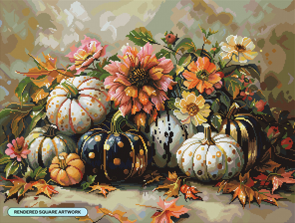 Diamond Painting Pumpkins and Florals 29" x 22" (73.7cm x 55.8cm) / Square with 81 Colors including 1 AB and 1 Electro Diamond and 6 Fairy Dust Diamonds / 66,304