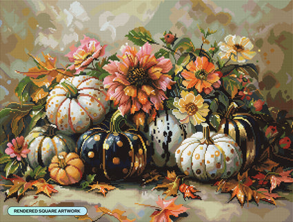 Diamond Painting Pumpkins and Florals 29" x 22" (73.7cm x 55.8cm) / Square with 81 Colors including 1 AB and 1 Electro Diamond and 6 Fairy Dust Diamonds / 66,304