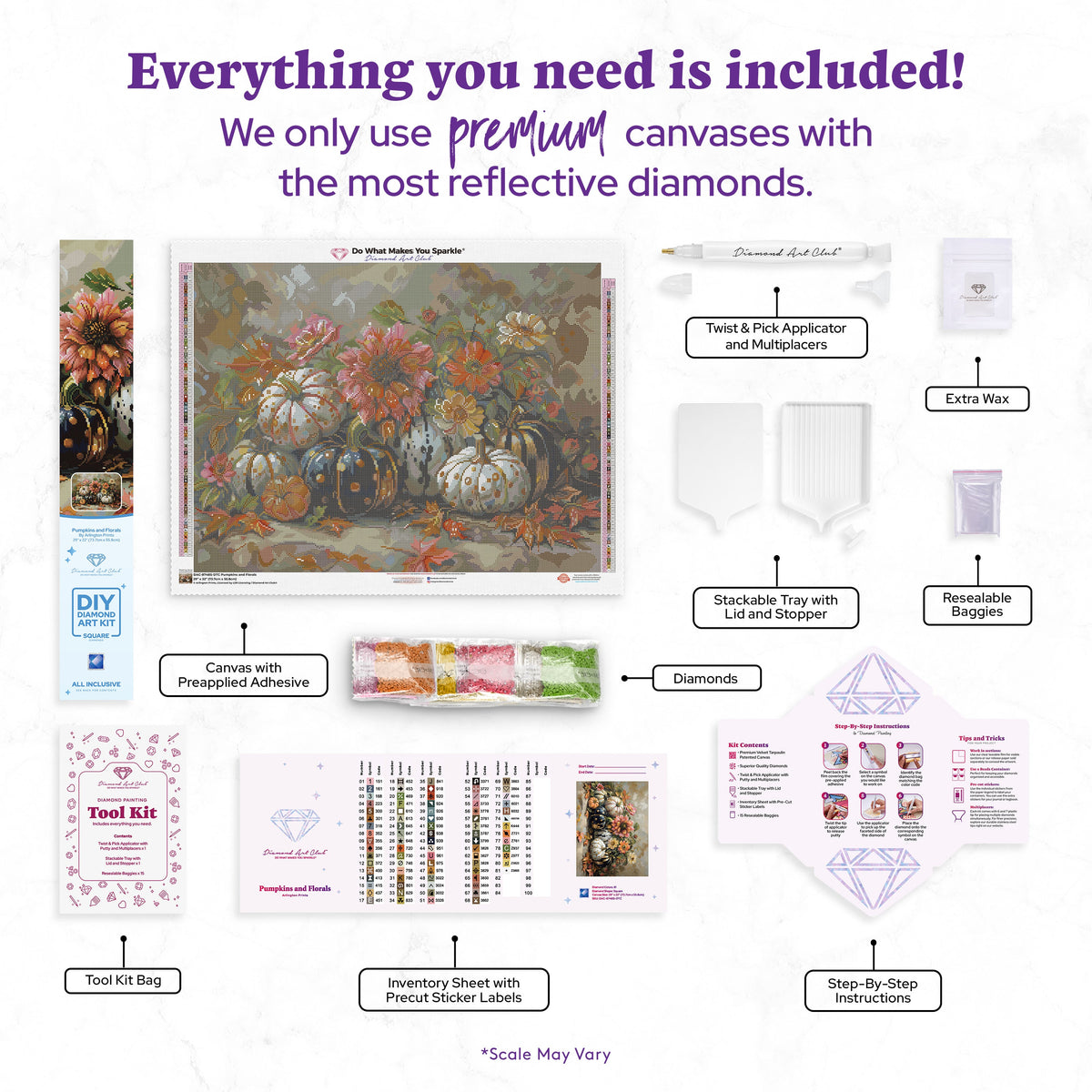 Diamond Painting Pumpkins and Florals 29" x 22" (73.7cm x 55.8cm) / Square with 81 Colors including 1 AB and 1 Electro Diamond and 6 Fairy Dust Diamonds / 66,304