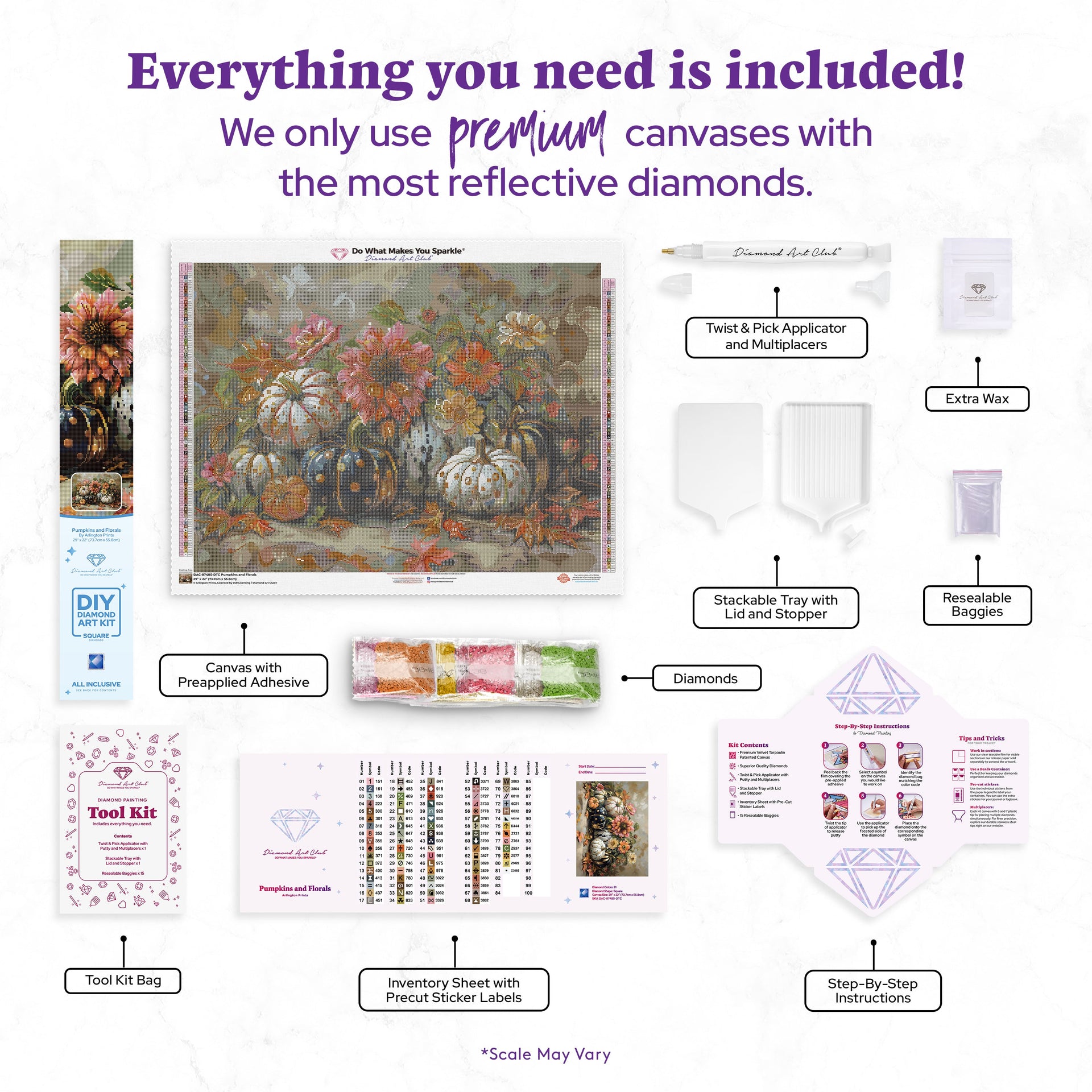 Diamond Painting Pumpkins and Florals 29" x 22" (73.7cm x 55.8cm) / Square with 81 Colors including 1 AB and 1 Electro Diamond and 6 Fairy Dust Diamonds / 66,304
