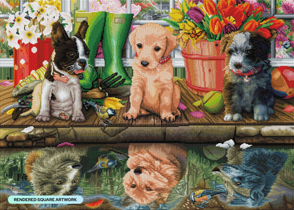 Diamond Painting Puppies Reflection 35.8" x 25.6" (91cm x 65cm) / Square with 96 Colors including 4 ABs and 1 Fairy Dust Diamonds / 95,265