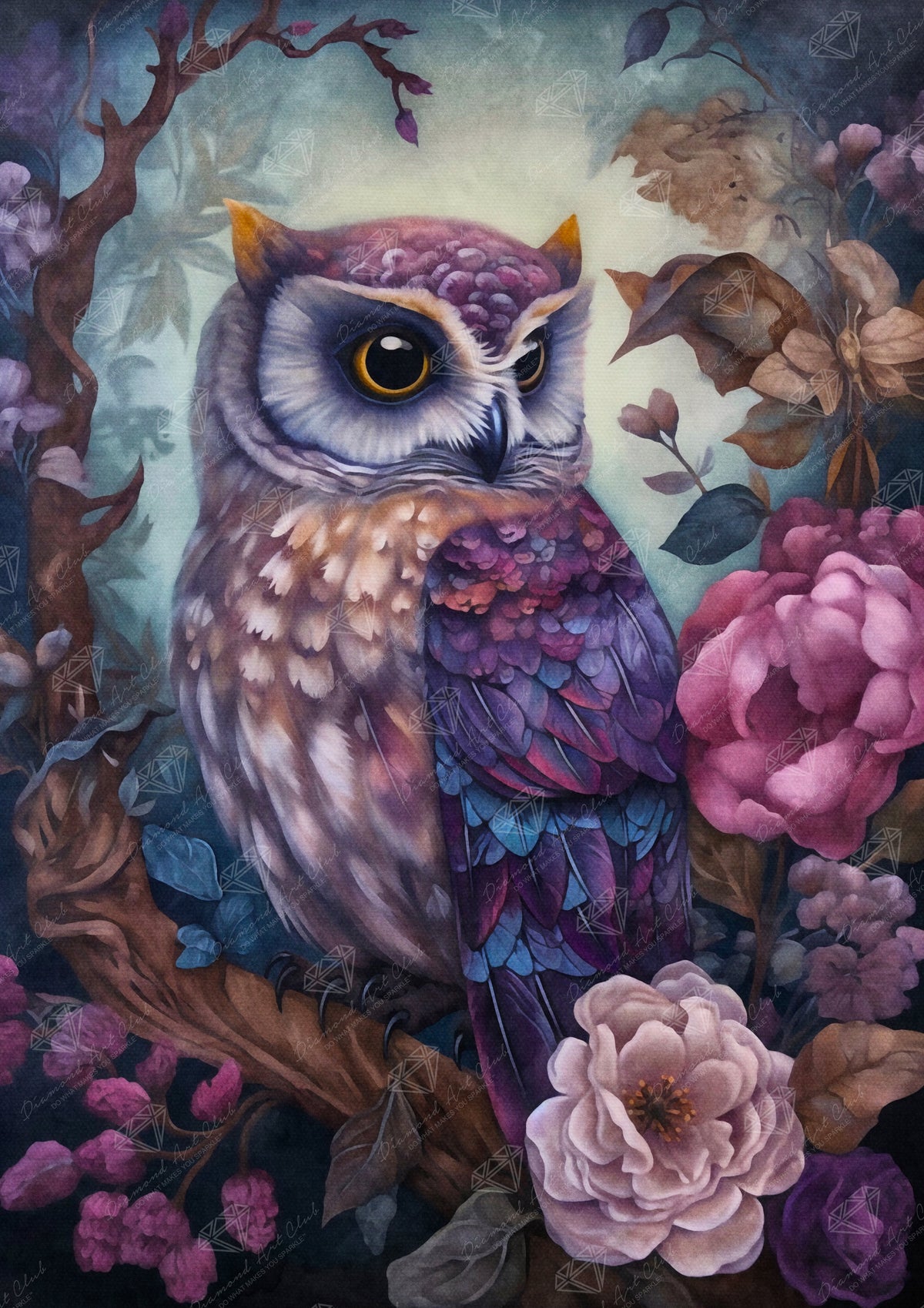 Diamond Painting Purple Owl 22" x 31" (55.6cm x 78.7cm) / Round with 63 Colors including 2 ABs and 3 Fairy Dust Diamonds / 57,772
