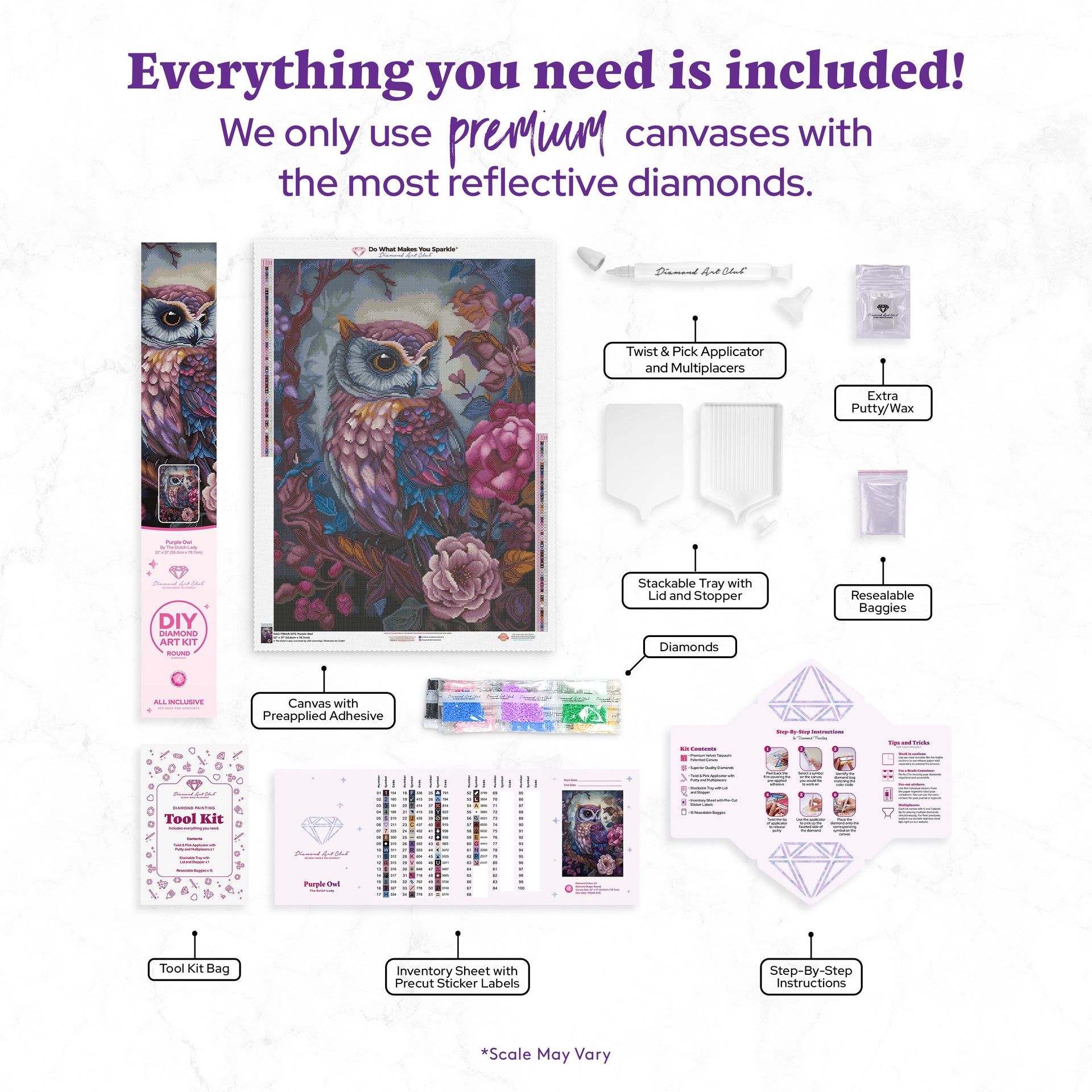 Diamond Painting Purple Owl 22" x 31" (55.6cm x 78.7cm) / Round with 63 Colors including 2 ABs and 3 Fairy Dust Diamonds / 57,772