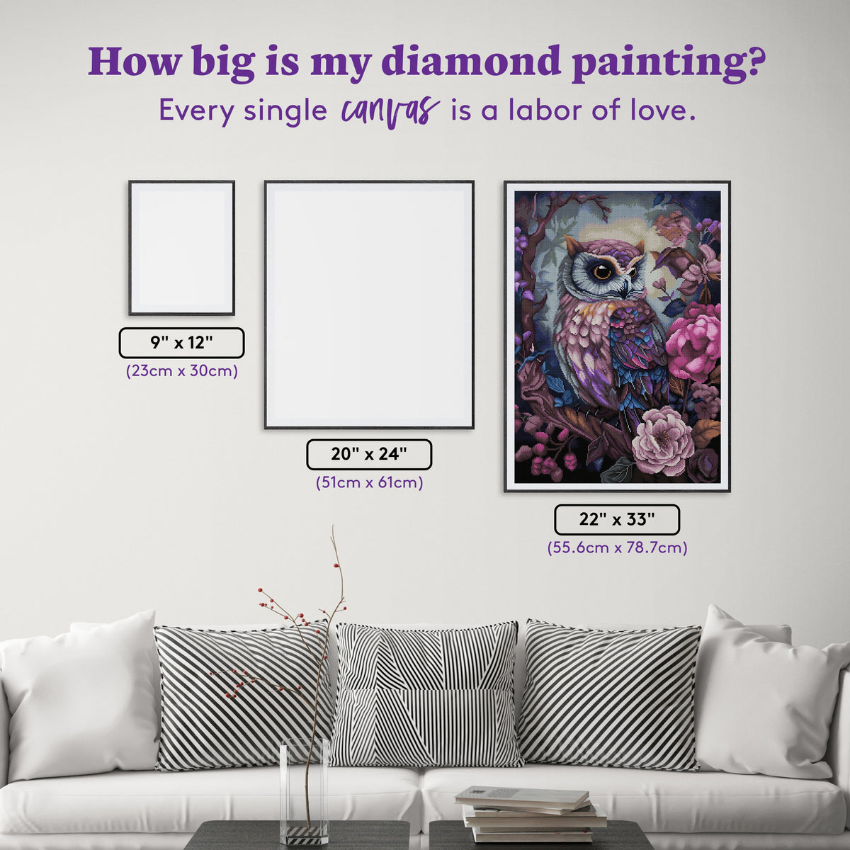 Diamond Painting Purple Owl 22" x 31" (55.6cm x 78.7cm) / Round with 63 Colors including 2 ABs and 3 Fairy Dust Diamonds / 57,772
