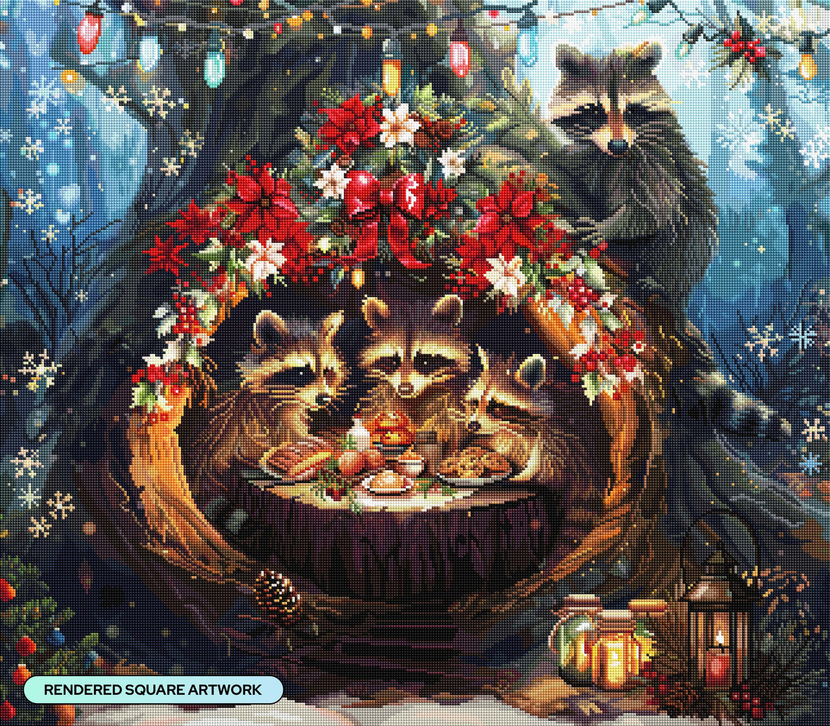Diamond Painting Raccoon Christmas 31.5" x 27.6" (79.9cm x 69.9cm) / Square with 91 Colors including 2 ABs and 5 Fairy Dust Diamonds / 90,201