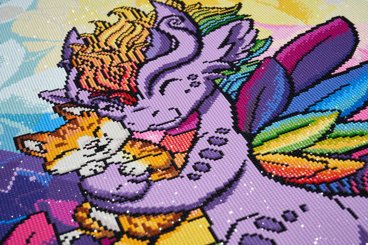 Diamond Painting Rainbow Dragon Hugging Cat 22" x 33" (55.8cm x 83.8cm) / Round with 47 Colors including 4 ABs and 2 Fairy Dust Diamonds / 59,501