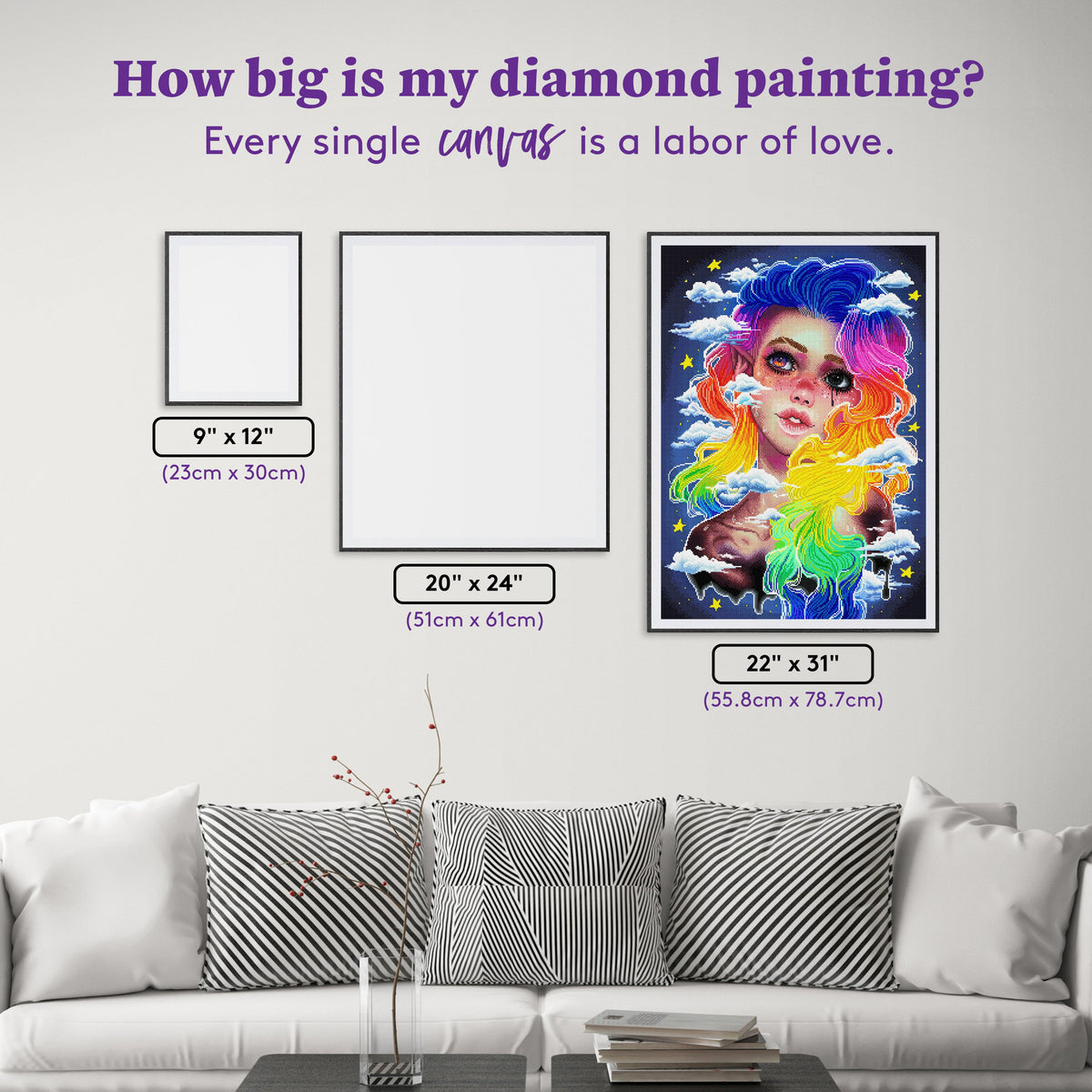 Diamond Painting Rainbow Girl 22" x 31" (55.8cm x 78.7cm) / Square with 98 Colors including 2 ABs and 1 Iridescent Diamond and 4 Fairy Dust Diamonds / 70,784