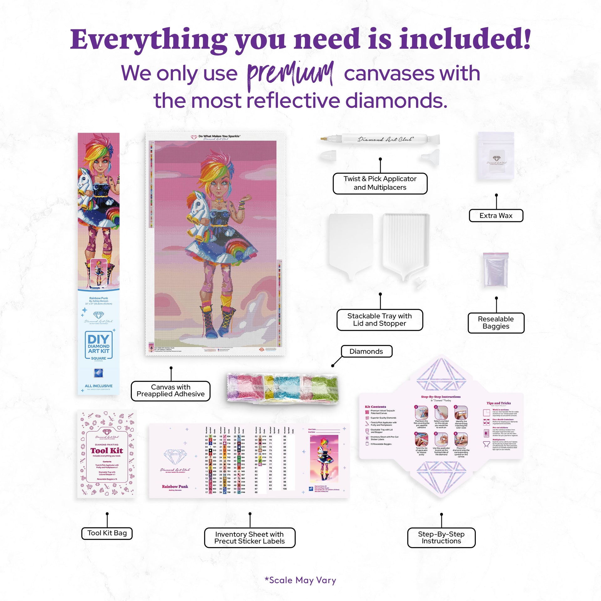 Diamond Painting Rainbow Punk 22" x 37" (55.8cm x 93.9cm) / Square with 60 Colors including 4 AB and 3 Fairy Dust Diamonds / 84,448