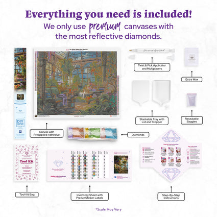 Diamond Painting Reading in the Greenhouse 34.6" x 27.6" (87.9cm x 69.9cm) / Square with 66 Colors including 4 ABs and 4 Fairy Dust Diamonds / 99,193