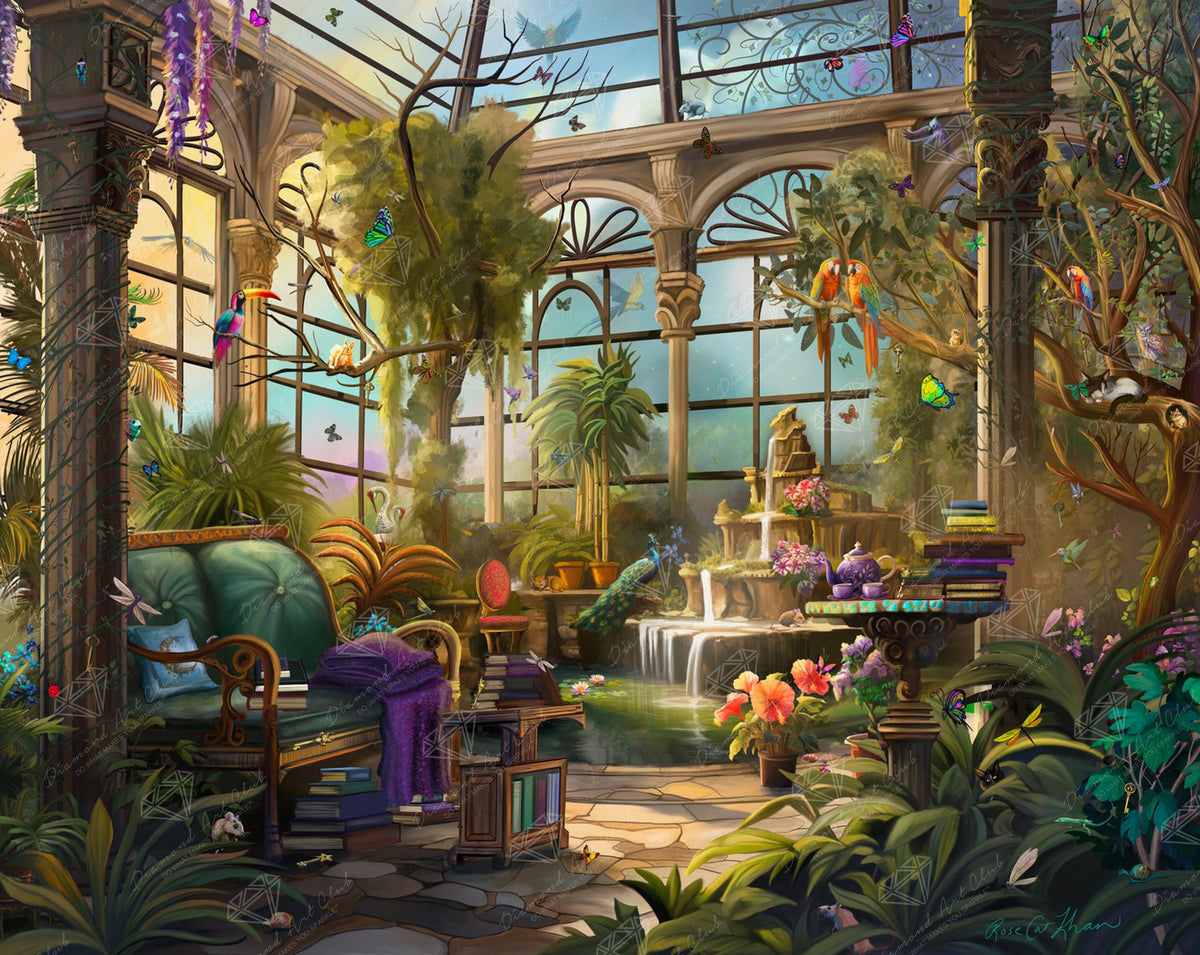 Diamond Painting Reading in the Greenhouse 34.6" x 27.6" (87.9cm x 69.9cm) / Square with 66 Colors including 4 ABs and 4 Fairy Dust Diamonds / 99,193