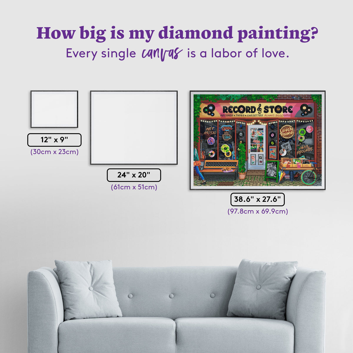 Diamond Painting Record Store 38.6" x 27.6" (97.8cm x 69.9cm) / Square with 98 Colors including 3 ABs and 1 Frosted Diamond and 2 Fairy Dust Diamonds / 110,433