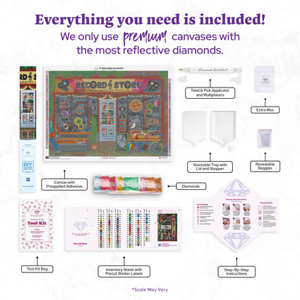 Diamond Painting Record Store 38.6" x 27.6" (97.8cm x 69.9cm) / Square with 98 Colors including 3 ABs and 1 Frosted Diamond and 2 Fairy Dust Diamonds / 110,433
