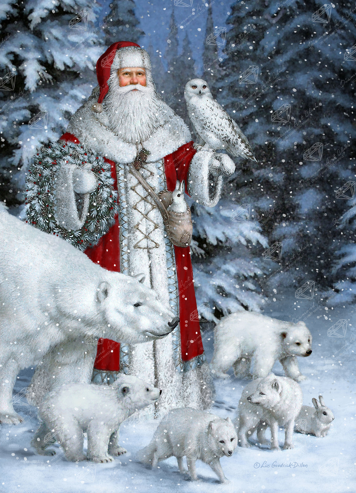 Diamond Painting Red Arctic Santa with Polar Bears, Foxes, Owl 27.6" x 37.2" (69.9cm x 96.8cm) / Square with 73 Colors including 1 AB and 3 Fairy Dust Diamonds / 109,309