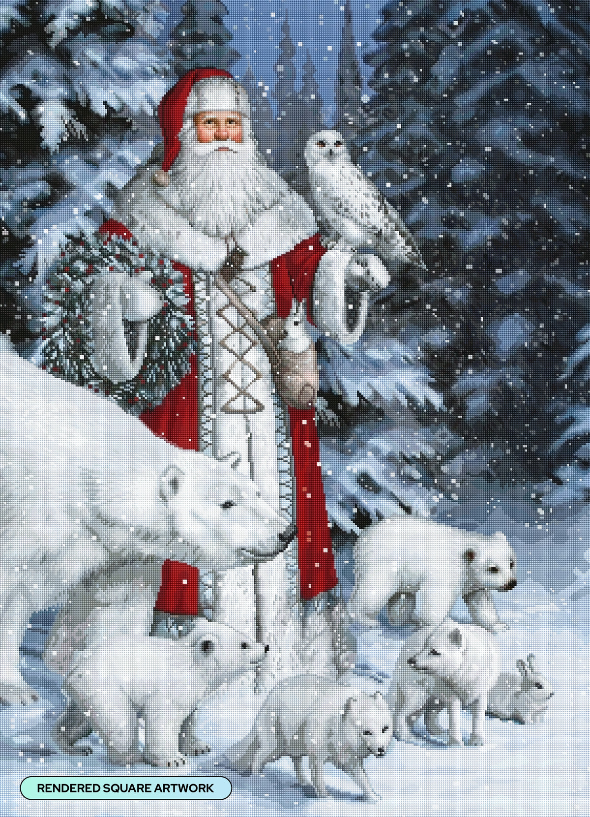 Diamond Painting Red Arctic Santa with Polar Bears, Foxes, Owl 27.6" x 37.2" (69.9cm x 96.8cm) / Square with 73 Colors including 1 AB and 3 Fairy Dust Diamonds / 109,309