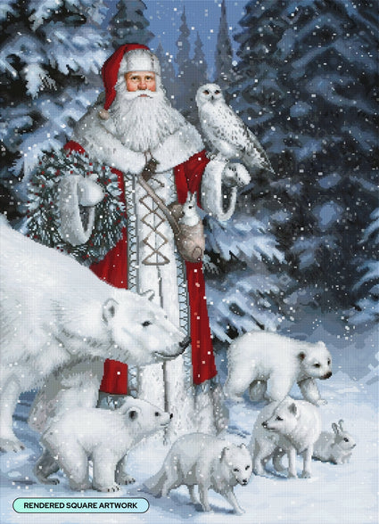 Diamond Painting Red Arctic Santa with Polar Bears, Foxes, Owl 27.6" x 37.2" (69.9cm x 96.8cm) / Square with 73 Colors including 1 AB and 3 Fairy Dust Diamonds / 109,309