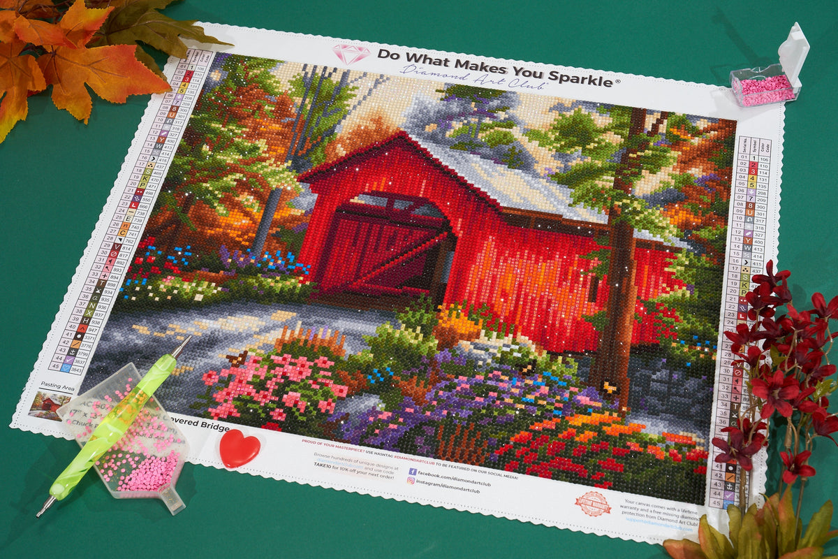 Diamond Painting Red Covered Bridge - AMZ 17" x 13" (42.6cm x 32.8cm) / Round With 45 Colors Including 5 ABs / 17,784
