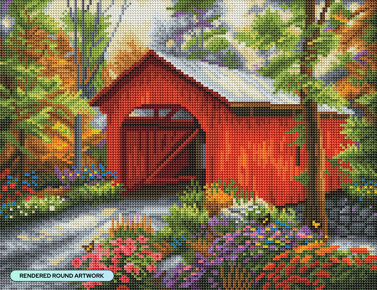 Diamond Painting Red Covered Bridge 17" x 13" (42.6cm x 32.8cm) / Round With 45 Colors Including 5 ABs / 17,784