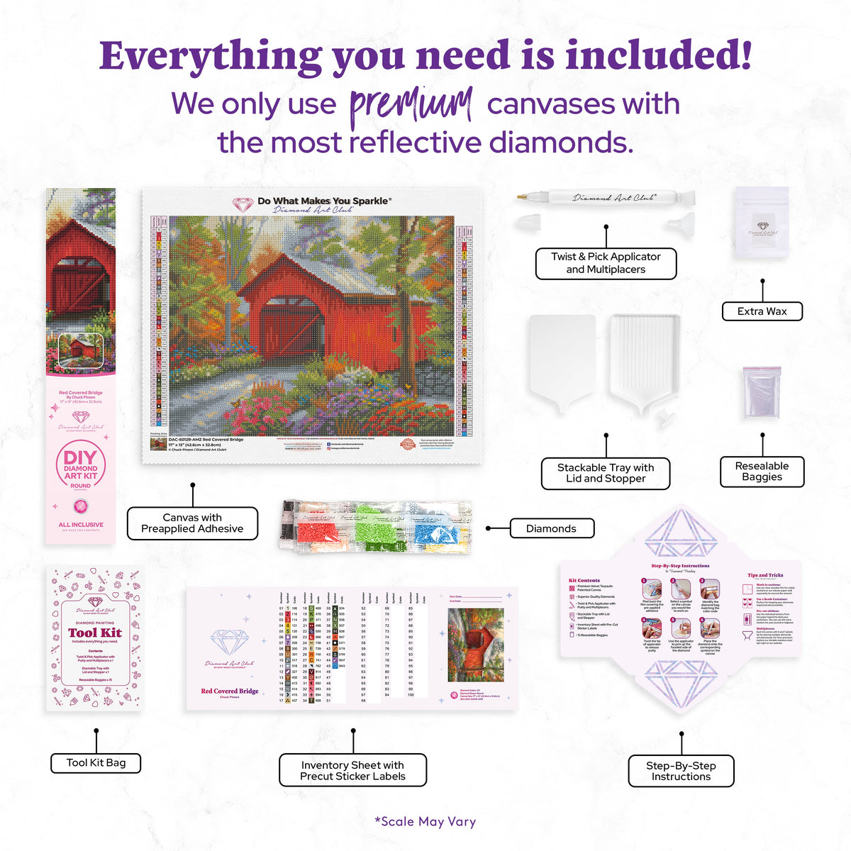 Diamond Painting Red Covered Bridge 17" x 13" (42.6cm x 32.8cm) / Round With 45 Colors Including 5 ABs / 17,784