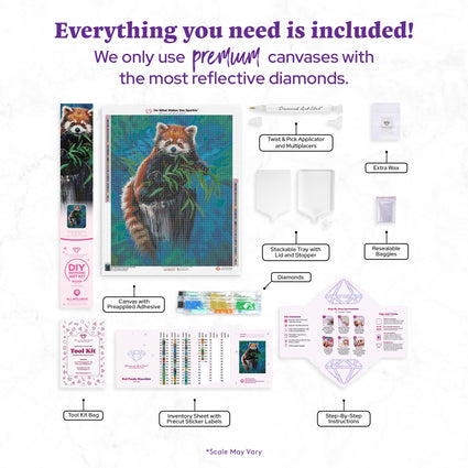 Diamond Painting Red Panda Munchies 22" x 27" (55.6cm x 68.8cm) / Round with 60 Colors including 4 ABs and 2 Fairy Dust Diamonds / 50,500