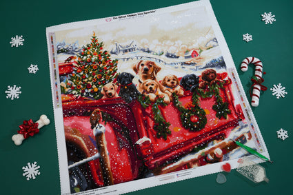 Diamond Painting Red Truck and Labradors 25.6" x 25.6" (65cm x 65cm) / Square with 51 Colors including 2 ABs and 2 Fairy Dust Diamonds / 68,121