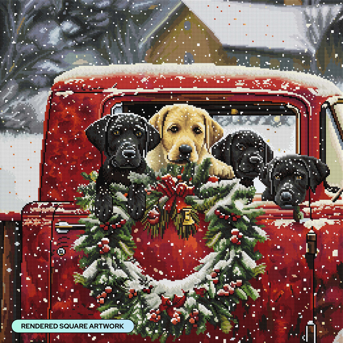 Diamond Painting Red Truck Full of Labs 25.6" x 25.6" (65cm x 65cm) / Square with 48 Colors including 6 Fairy Dust Diamonds / 68,121