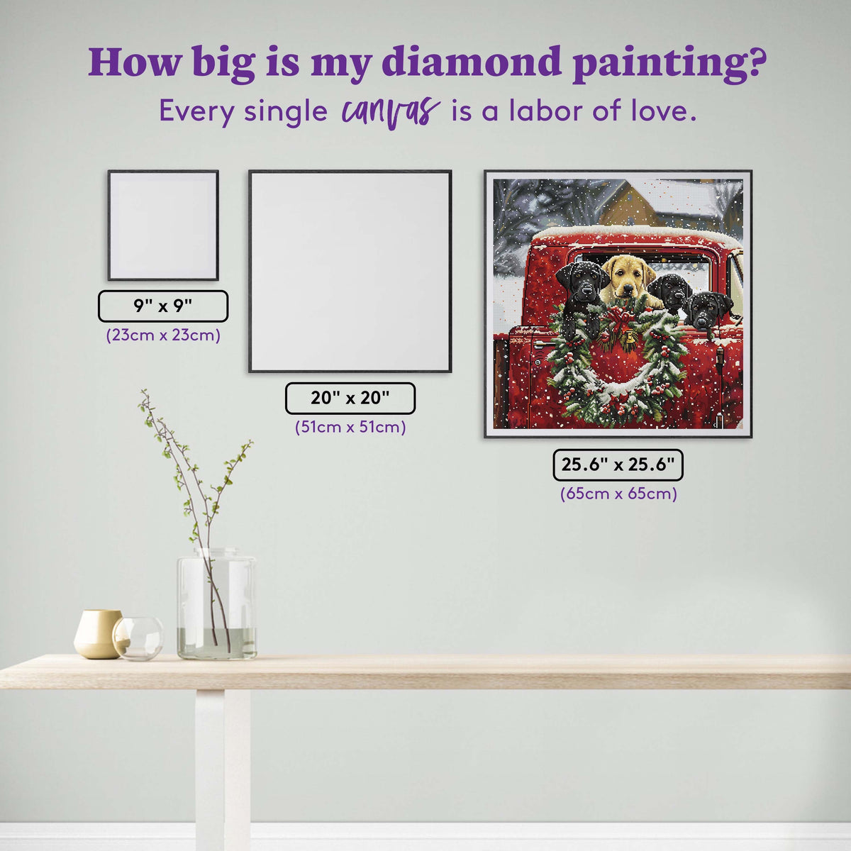 Diamond Painting Red Truck Full of Labs 25.6" x 25.6" (65cm x 65cm) / Square with 48 Colors including 6 Fairy Dust Diamonds / 68,121