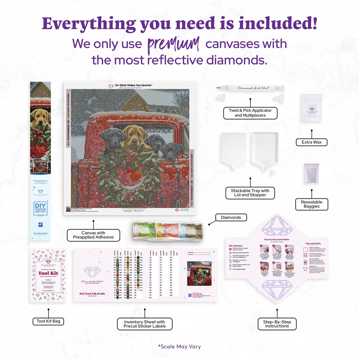 Diamond Painting Red Truck Full of Labs 25.6" x 25.6" (65cm x 65cm) / Square with 48 Colors including 6 Fairy Dust Diamonds / 68,121