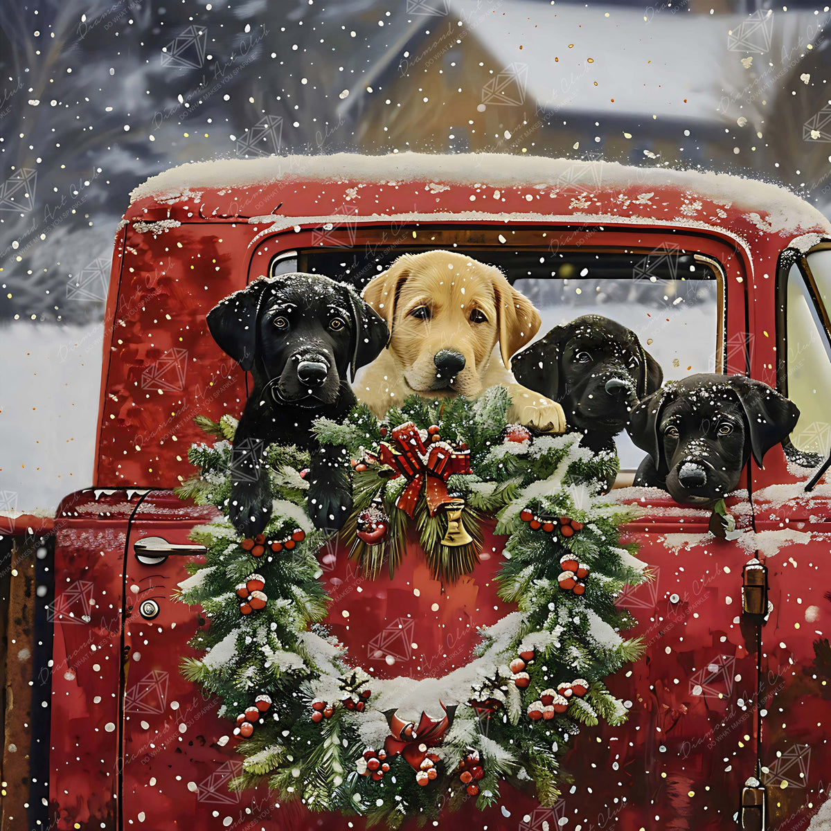 Diamond Painting Red Truck Full of Labs 25.6" x 25.6" (65cm x 65cm) / Square with 48 Colors including 6 Fairy Dust Diamonds / 68,121