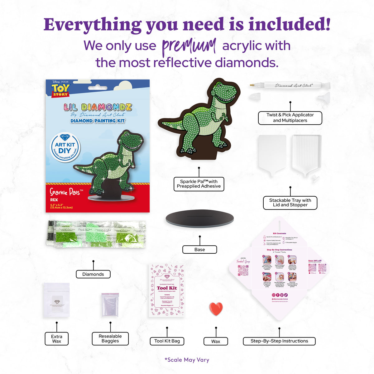 Diamond Painting Rex - Sparkle Pals™ 5.3" x 5.2" (13.4cm x 13.3cm) / Round with 4 Colors including 3 Fairy Dust Diamonds / 490