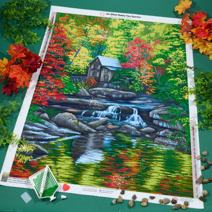 Diamond Painting Rustic Autumn Mill Waterfall 27.6" x 37" (69.9cm x 93.8cm) / Square with 51 Colors including 2 ABs and 4 Fairy Dust Diamonds / 105,937