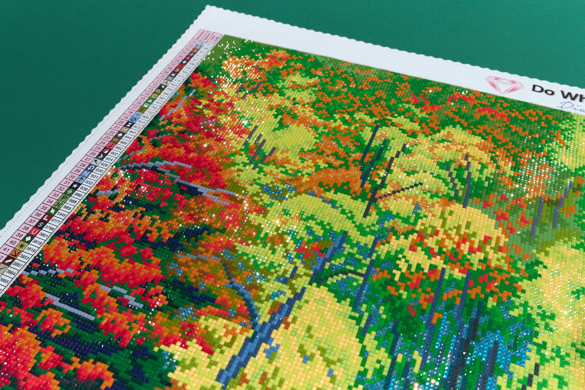 Diamond Painting Rustic Autumn Mill Waterfall 27.6" x 37" (69.9cm x 93.8cm) / Square with 51 Colors including 2 ABs and 4 Fairy Dust Diamonds / 105,937