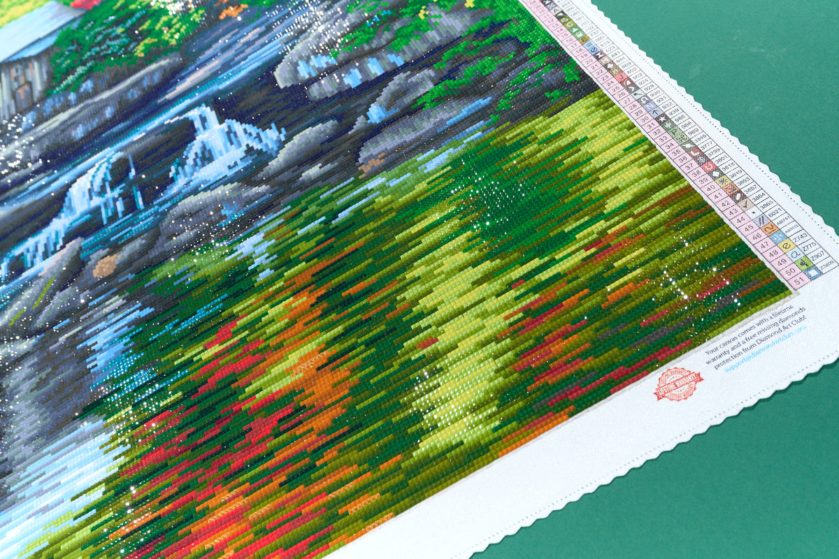 Diamond Painting Rustic Autumn Mill Waterfall 27.6" x 37" (69.9cm x 93.8cm) / Square with 51 Colors including 2 ABs and 4 Fairy Dust Diamonds / 105,937