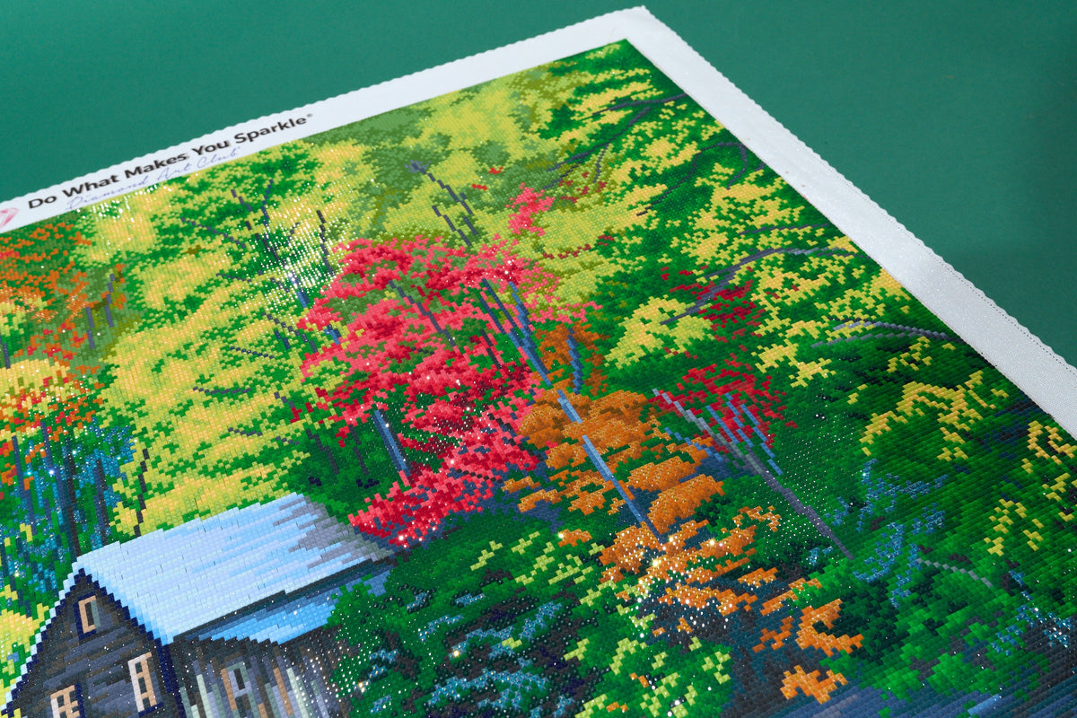 Diamond Painting Rustic Autumn Mill Waterfall 27.6" x 37" (69.9cm x 93.8cm) / Square with 51 Colors including 2 ABs and 4 Fairy Dust Diamonds / 105,937