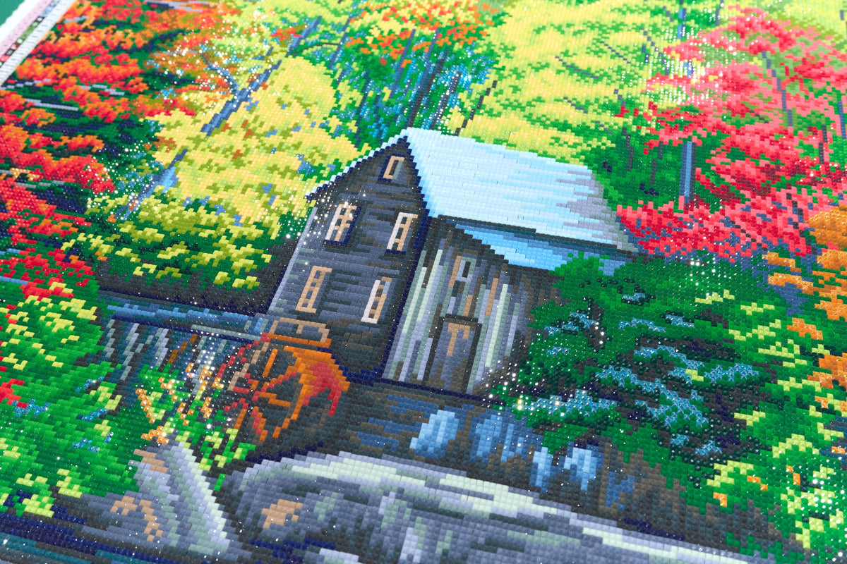 Diamond Painting Rustic Autumn Mill Waterfall 27.6" x 37" (69.9cm x 93.8cm) / Square with 51 Colors including 2 ABs and 4 Fairy Dust Diamonds / 105,937