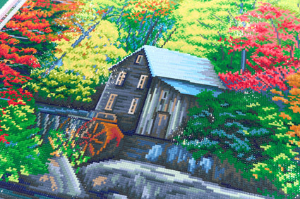 Diamond Painting Rustic Autumn Mill Waterfall 27.6" x 37" (69.9cm x 93.8cm) / Square with 51 Colors including 2 ABs and 4 Fairy Dust Diamonds / 105,937