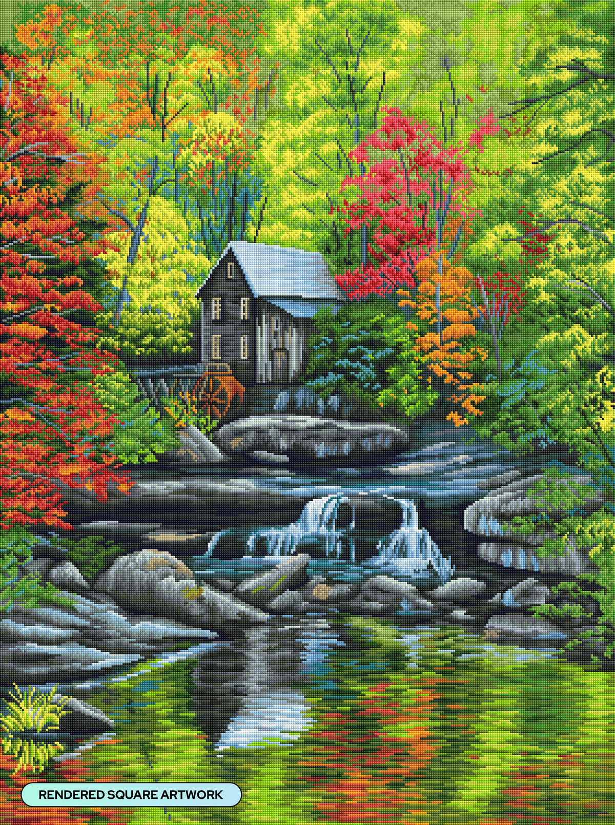 Diamond Painting Rustic Autumn Mill Waterfall 27.6" x 37" (69.9cm x 93.8cm) / Square with 51 Colors including 2 ABs and 4 Fairy Dust Diamonds / 105,937