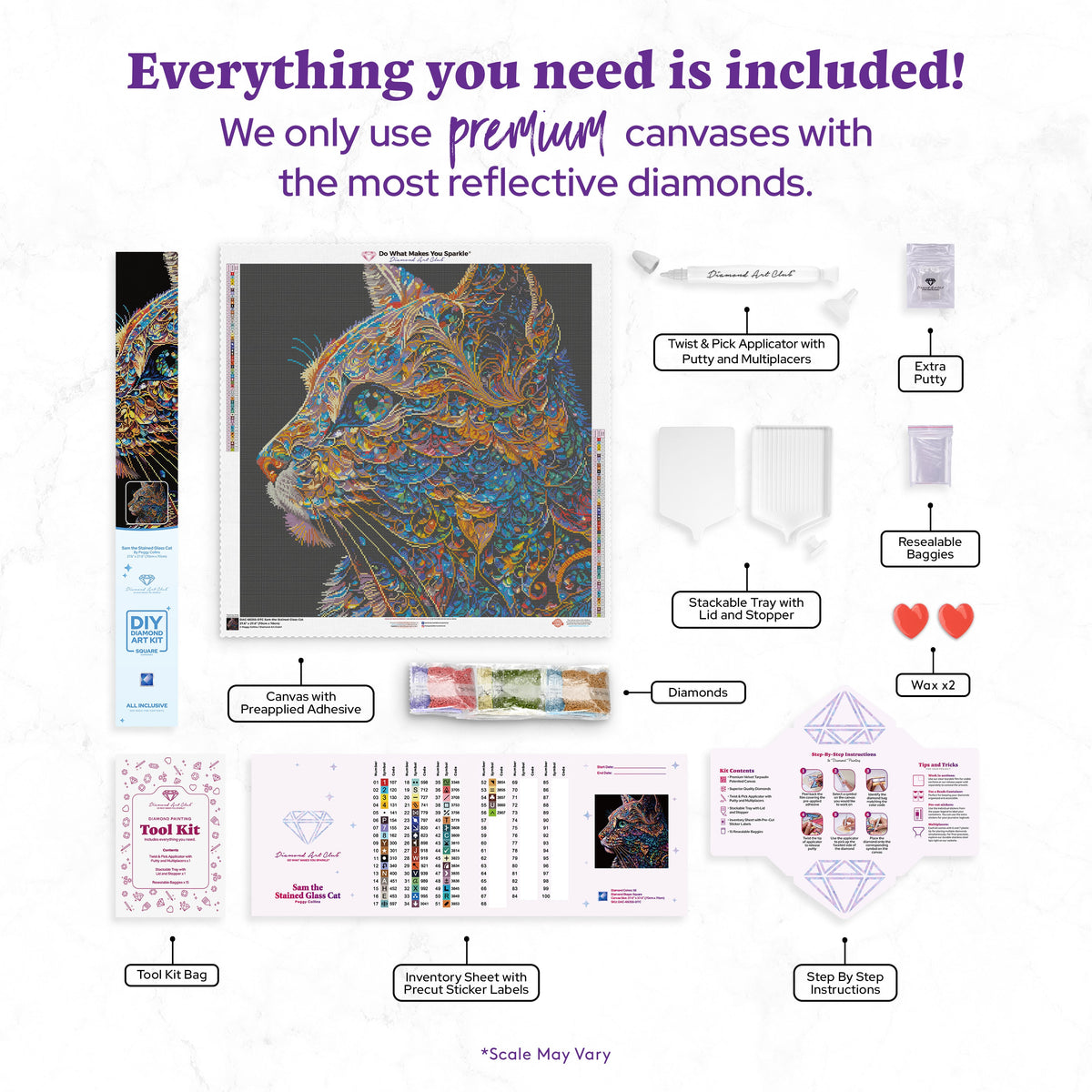 Diamond Painting Sam the Stained Glass Cat 27.6" x 27.6" (70cm x 70cm) / Square with 56 Colors including 5 ABs and 1 Fairy Dust Diamond / 78,961