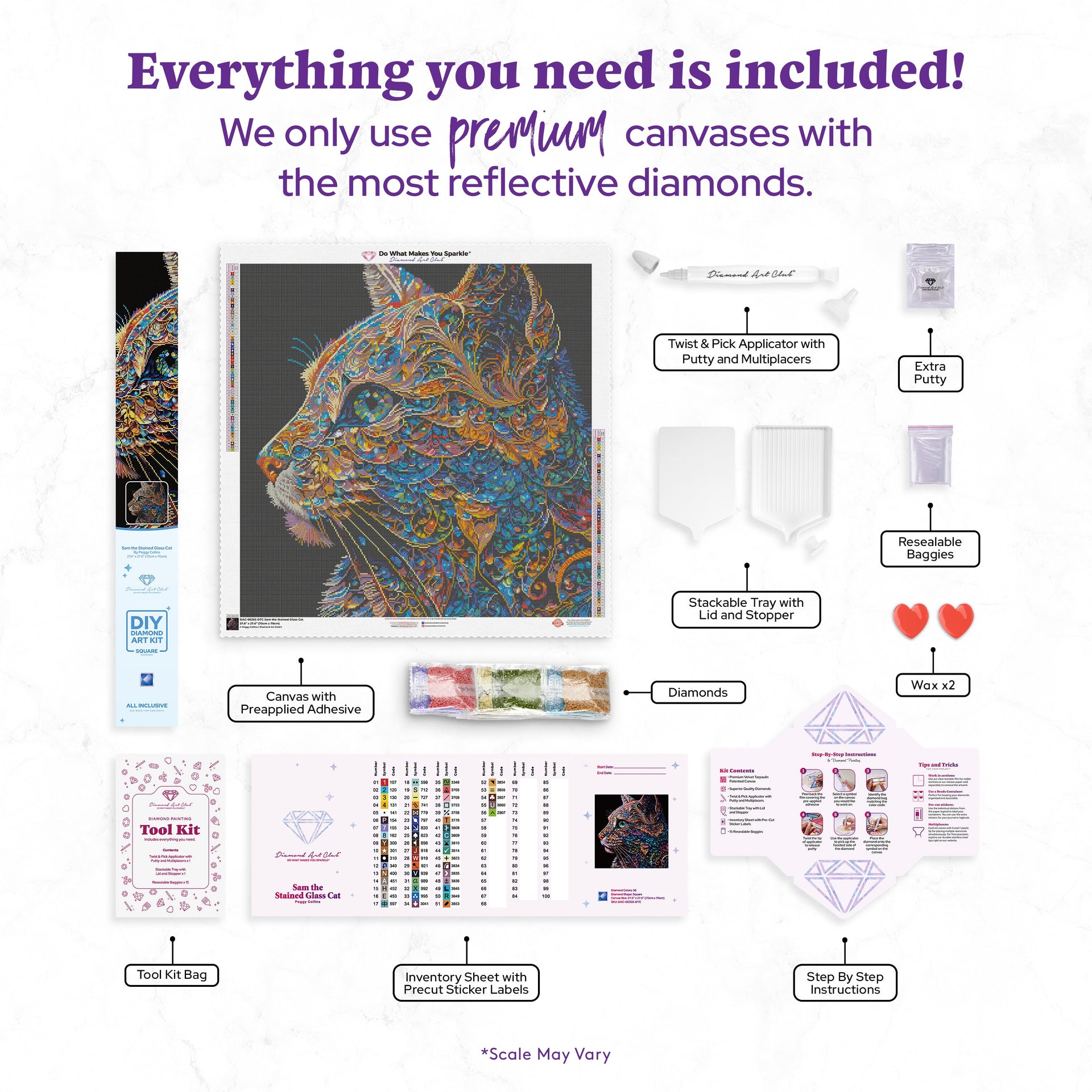 Diamond Painting Sam the Stained Glass Cat 27.6" x 27.6" (70cm x 70cm) / Square with 56 Colors including 5 ABs and 1 Fairy Dust Diamond / 78,961