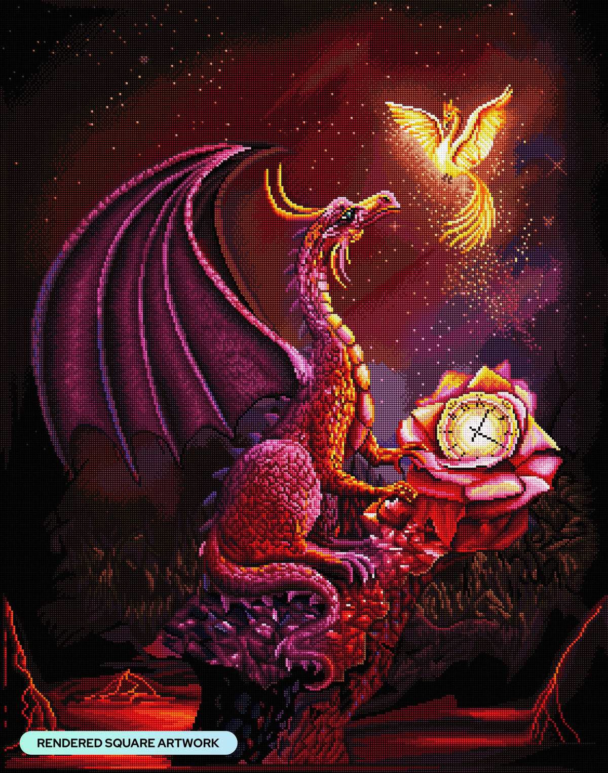 Diamond Painting Scarlet Time Dragon 27.6" x 35" (69.9cm x 88.9cm) / Square with 48 Colors including 2 ABs and 1 Iridescent Diamond and 4 Fairy Dust Diamonds / 100,317