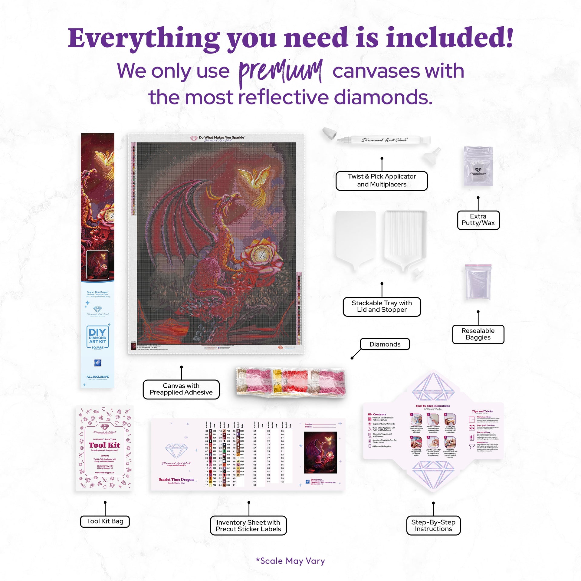 Diamond Painting Scarlet Time Dragon 27.6" x 35" (69.9cm x 88.9cm) / Square with 48 Colors including 2 ABs and 1 Iridescent Diamond and 4 Fairy Dust Diamonds / 100,317