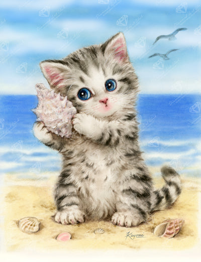 Diamond Painting Seashell Kitten 17" x 22" (42.7cm x 55.6cm) / Round With 44 Colors Including 1 AB and 3 Fairy Dust Diamonds / 31,310