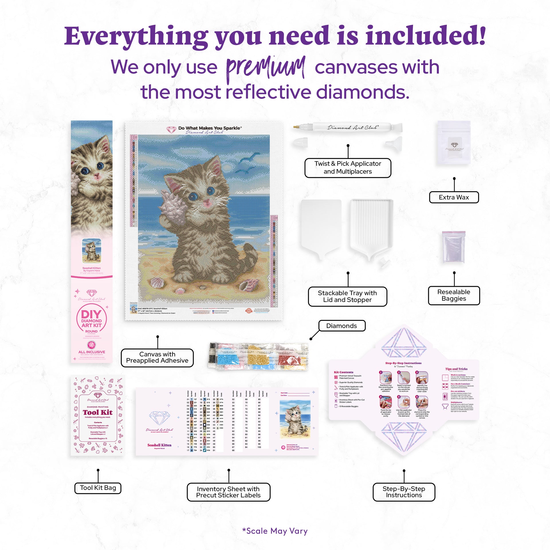 Diamond Painting Seashell Kitten 17" x 22" (42.7cm x 55.6cm) / Round With 44 Colors Including 1 AB and 3 Fairy Dust Diamonds / 31,310