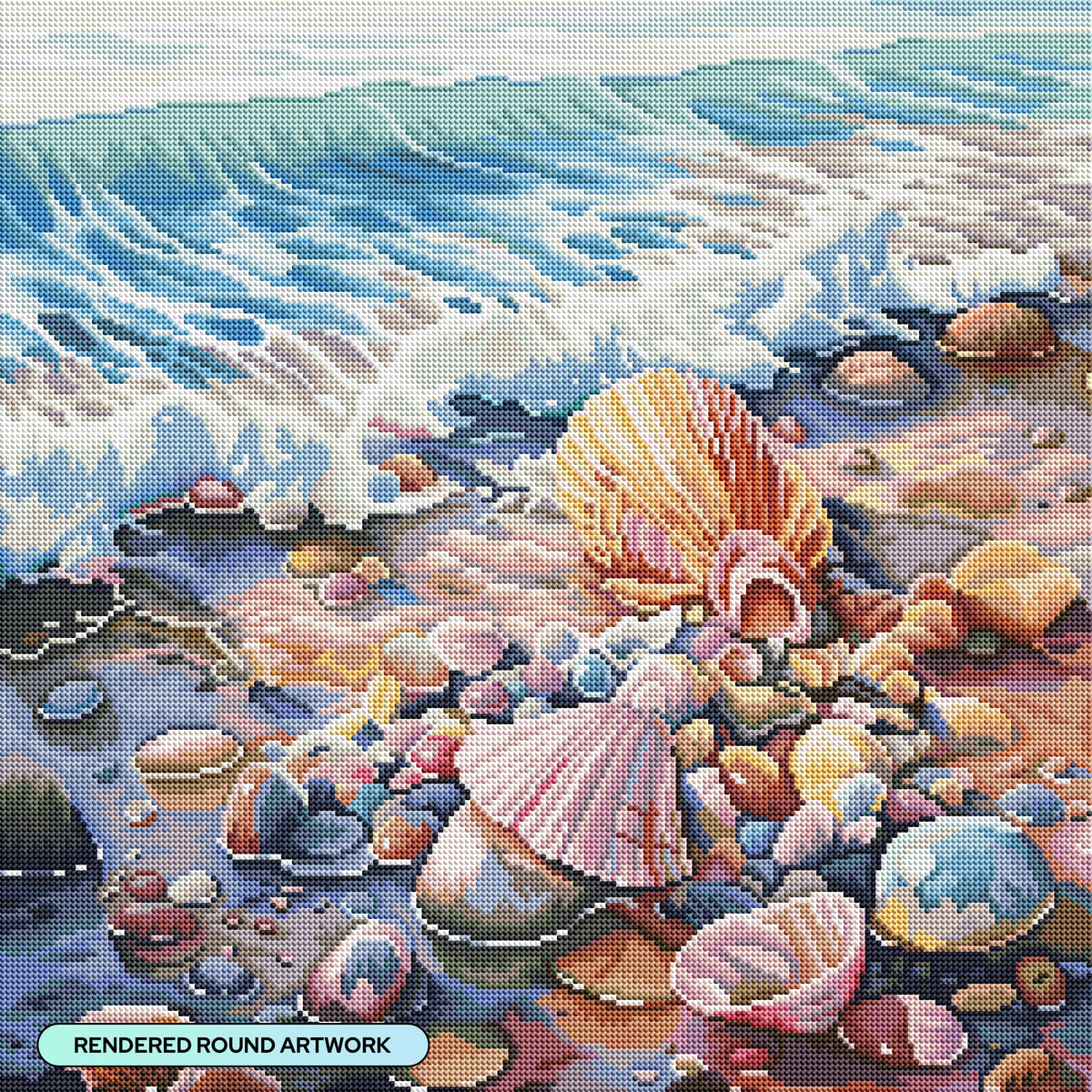 Diamond Painting Seashells on the Beach 22" x 22" (55.6cm x 55.6cm) / Round with 47 Colors including 2 ABs and 3 Fairy Dust Diamonds / 40,804