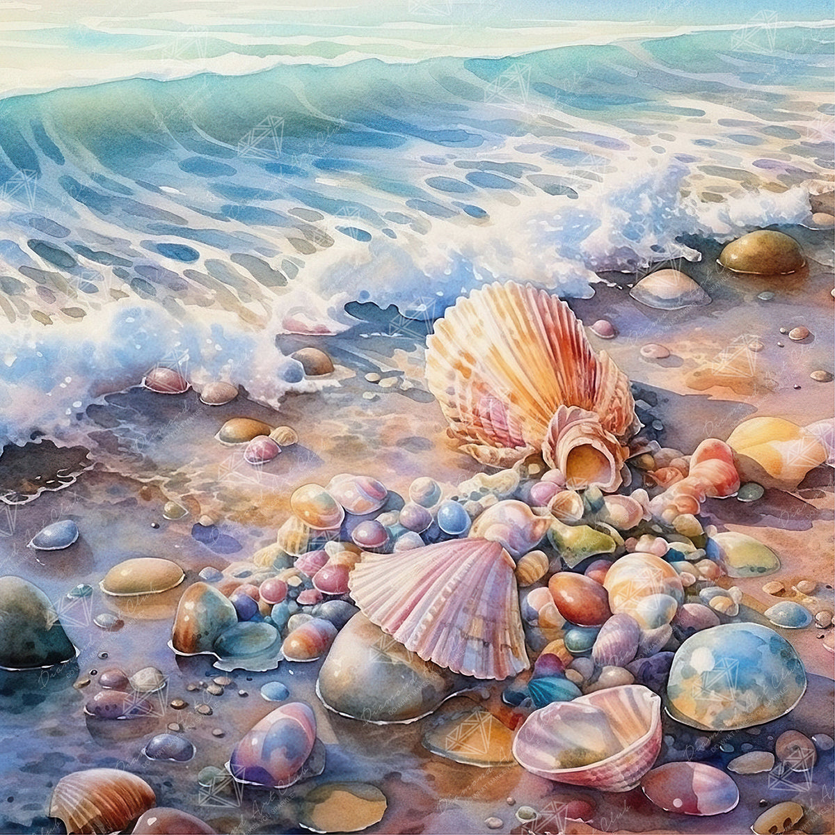 Diamond Painting Seashells on the Beach 22" x 22" (55.6cm x 55.6cm) / Round with 47 Colors including 2 ABs and 3 Fairy Dust Diamonds / 40,804
