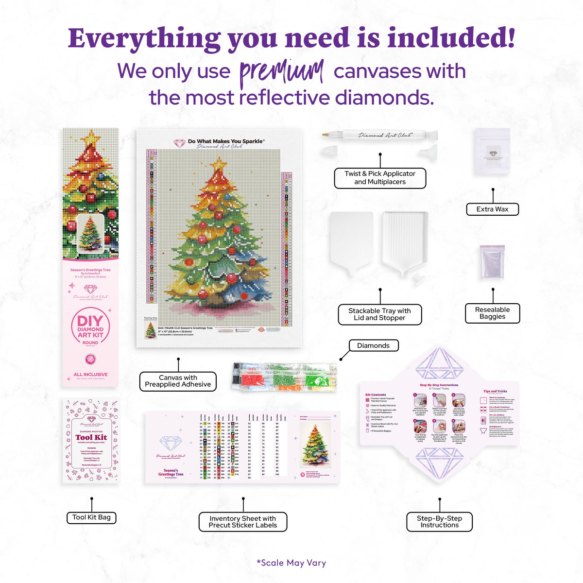 Diamond Painting Season's Greetings Tree 9" x 13" (22.8cm x 33cm) / Round with 50 Colors including 2 ABs and 2 Fairy Dust Diamonds / 9,960
