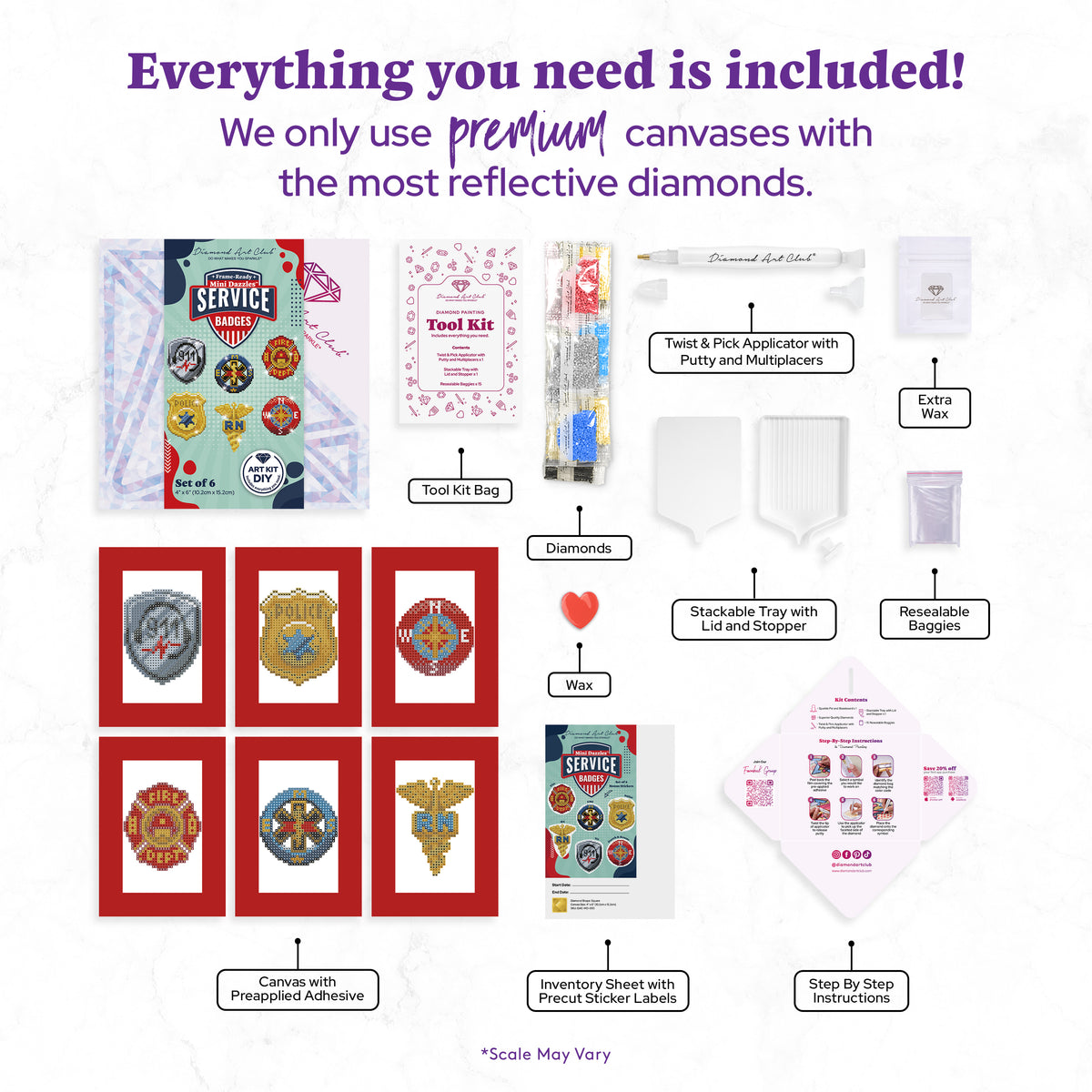 Diamond Painting Service Badges - Mini Dazzles™ 4" x 6" (10.2cm x 15.2cm) / Square With 18 Colors Including 2 ABs and 2 Electro Diamond and 14 Fairy Dust Diamonds / 4,409